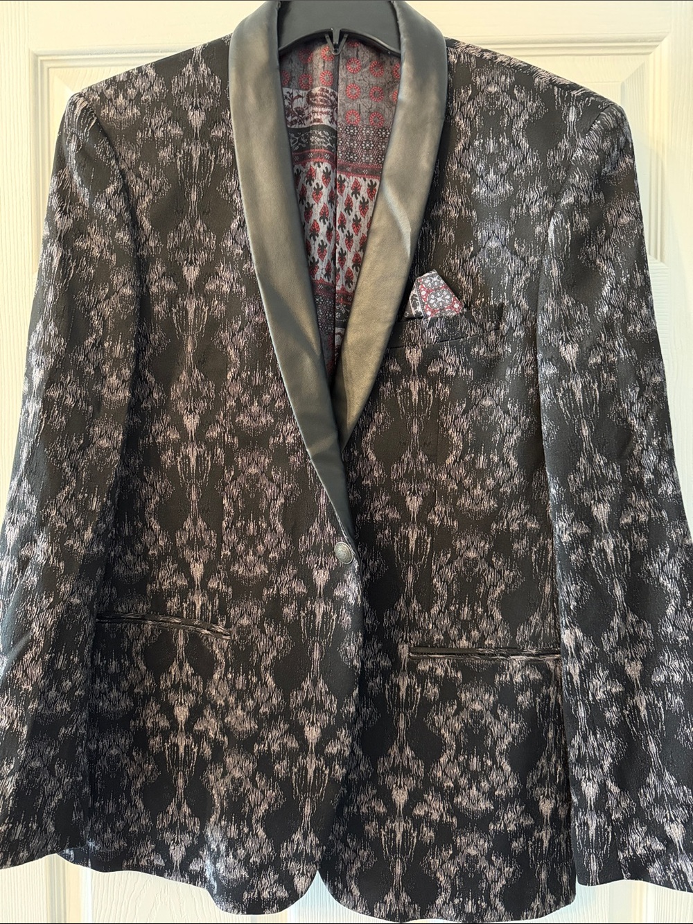 Black Patterned Shawl Collar Blazer with leather Trim